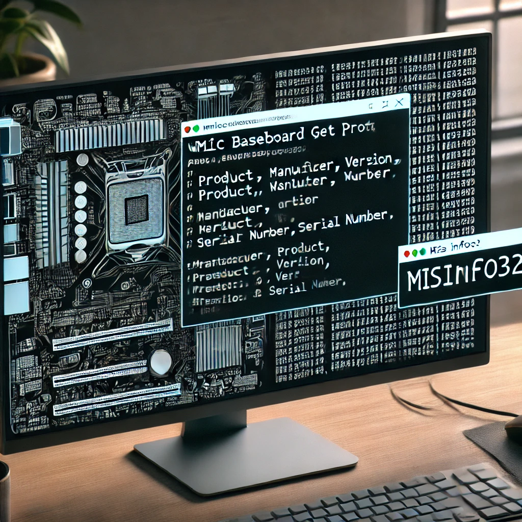 DALL·E 2024 10 02 22.34.45 A computer screen displaying the Command Prompt with the command wmic baseboard get productManufacturerversionserialnumber typed in showing the