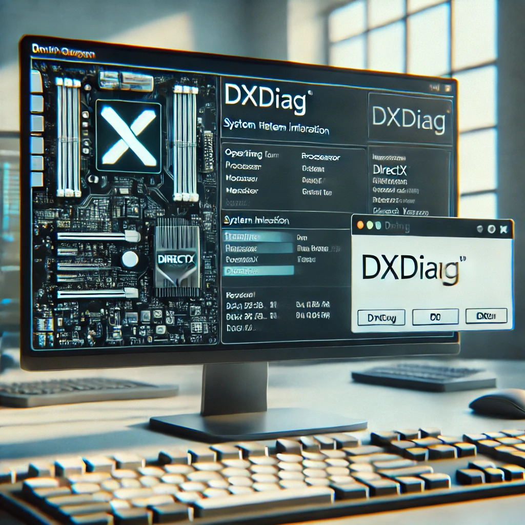 DALL·E 2024 10 02 22.34.53 A computer screen displaying the DirectX Diagnostic Tool dxdiag window showing system information such as operating system processor memory and